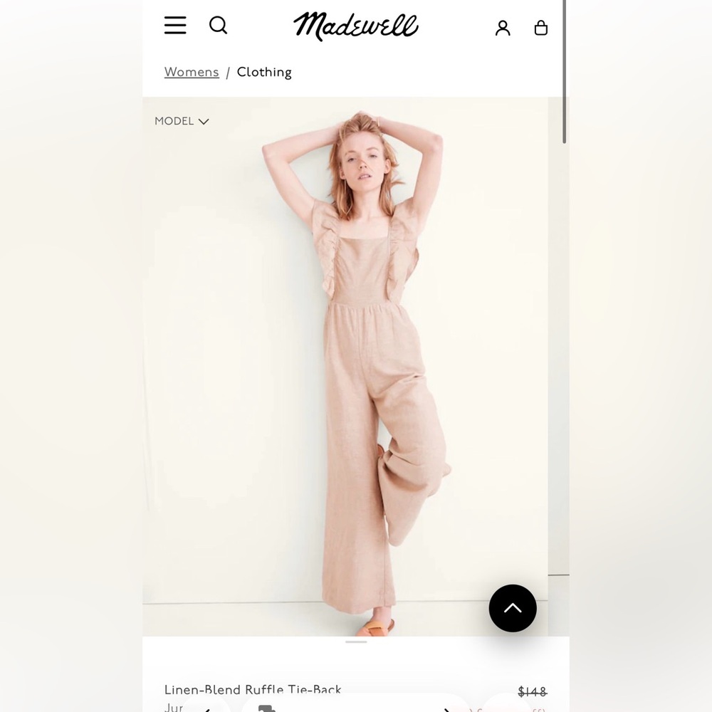 Linen-Blend Ruffle Tie-Back Madewell Jumpsuit , size 2
